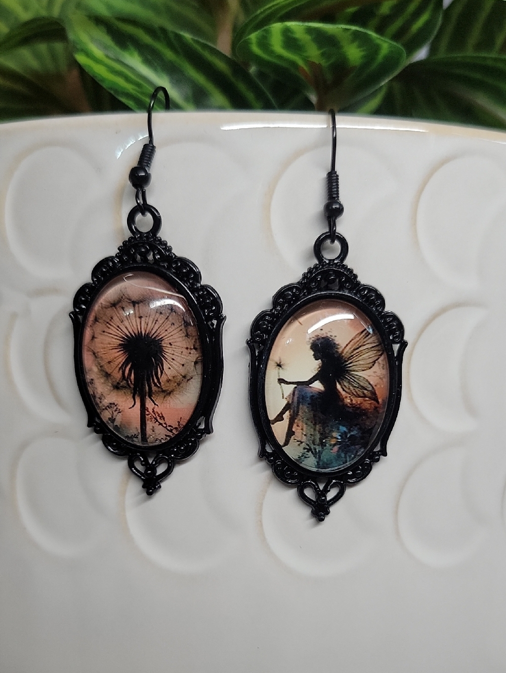 MAKE A WISH Black Fairy Dandelion Silhouette Oval Drop Earrings